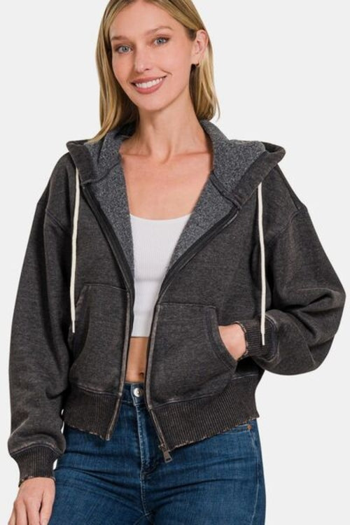 Zenana Acid Wash Zip-Up Cropped Hoodie