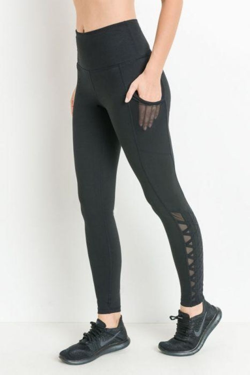 Highwaist Hybrid Mesh & Lattice Straps Full Pocket Leggings