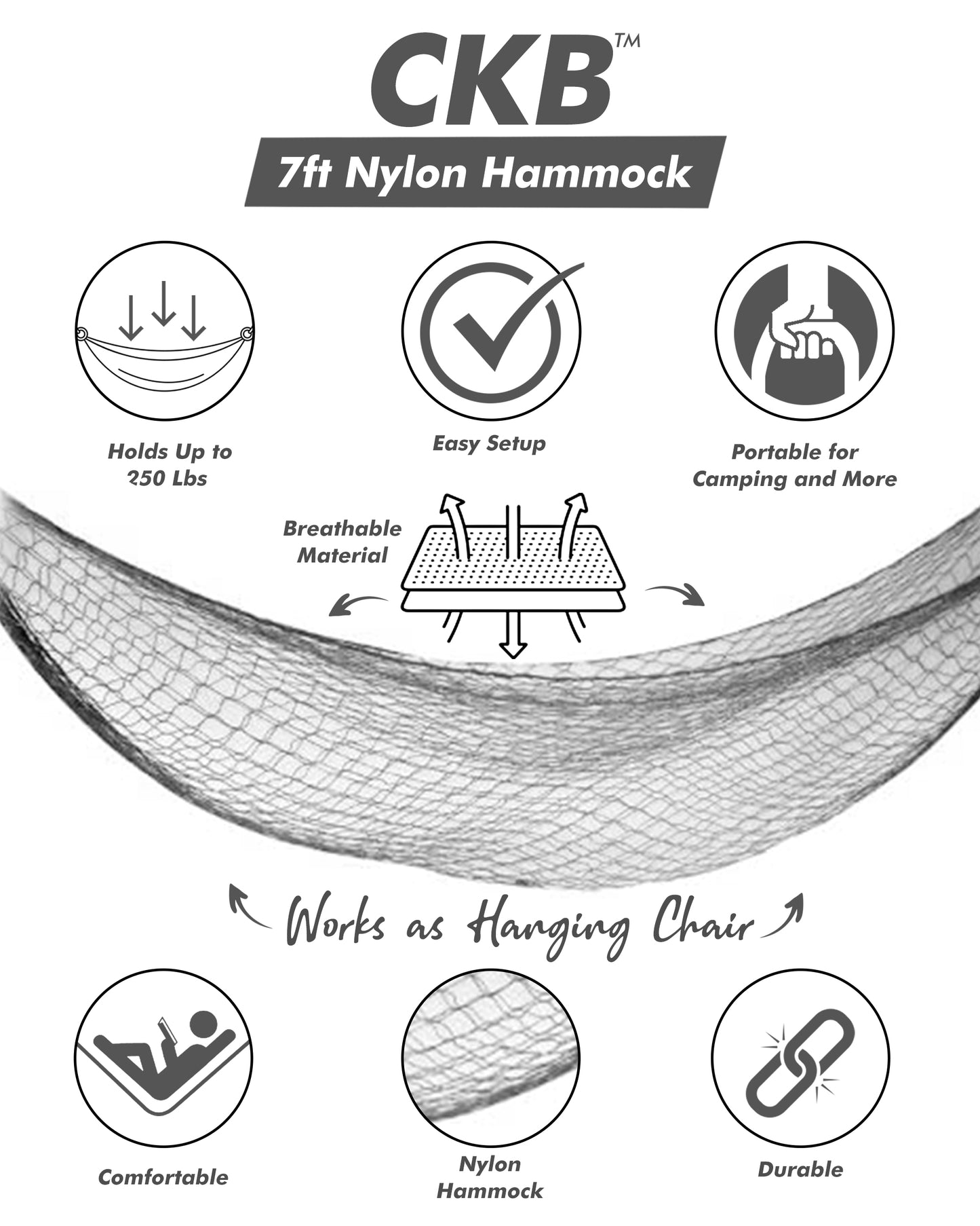 7ft Nylon Hammock - Portable and Easy to Set Up - Holds up to 220LBs