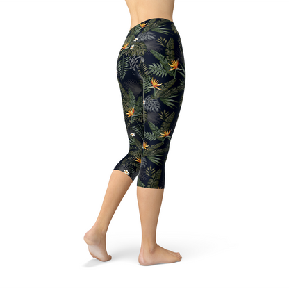 Women's Bird of Paradise Black Capri Leggings