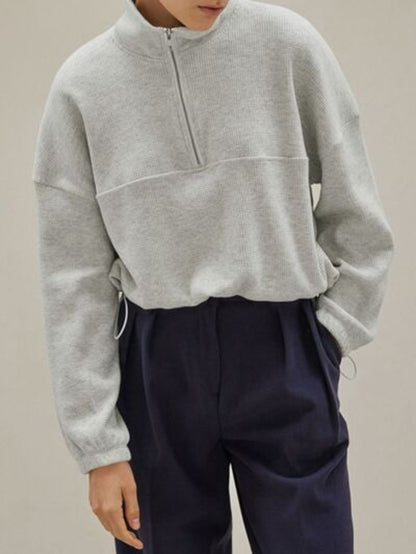 Waffle Knit Drawstring Half Zip Sweatshirt