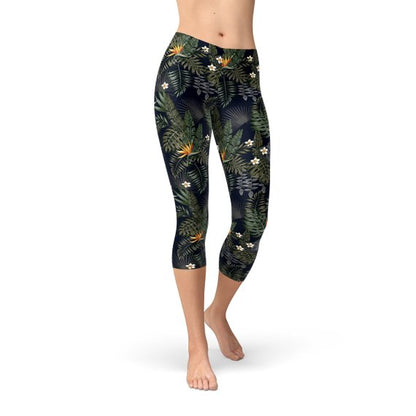 Women's Bird of Paradise Black Capri Leggings