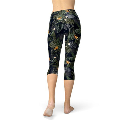 Women's Bird of Paradise Black Capri Leggings