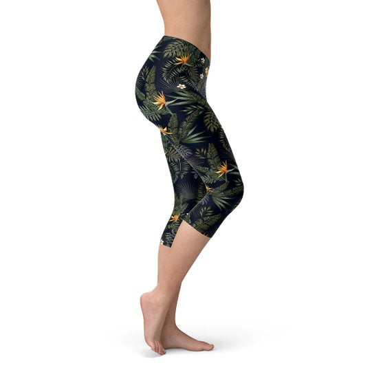 Women's Bird of Paradise Black Capri Leggings